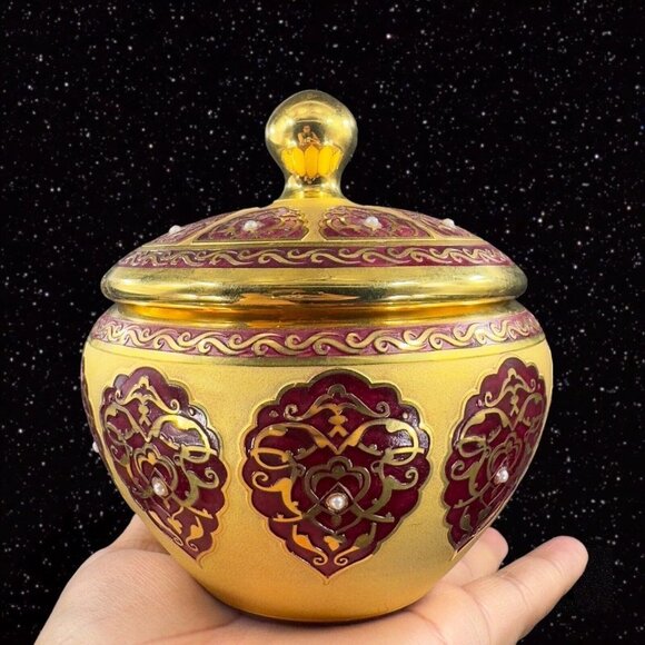 Decorium Turkish Glass Handcrafted Candy Dish Bowl Gold Gild W Lid Marked VTG - Picture 16 of 16